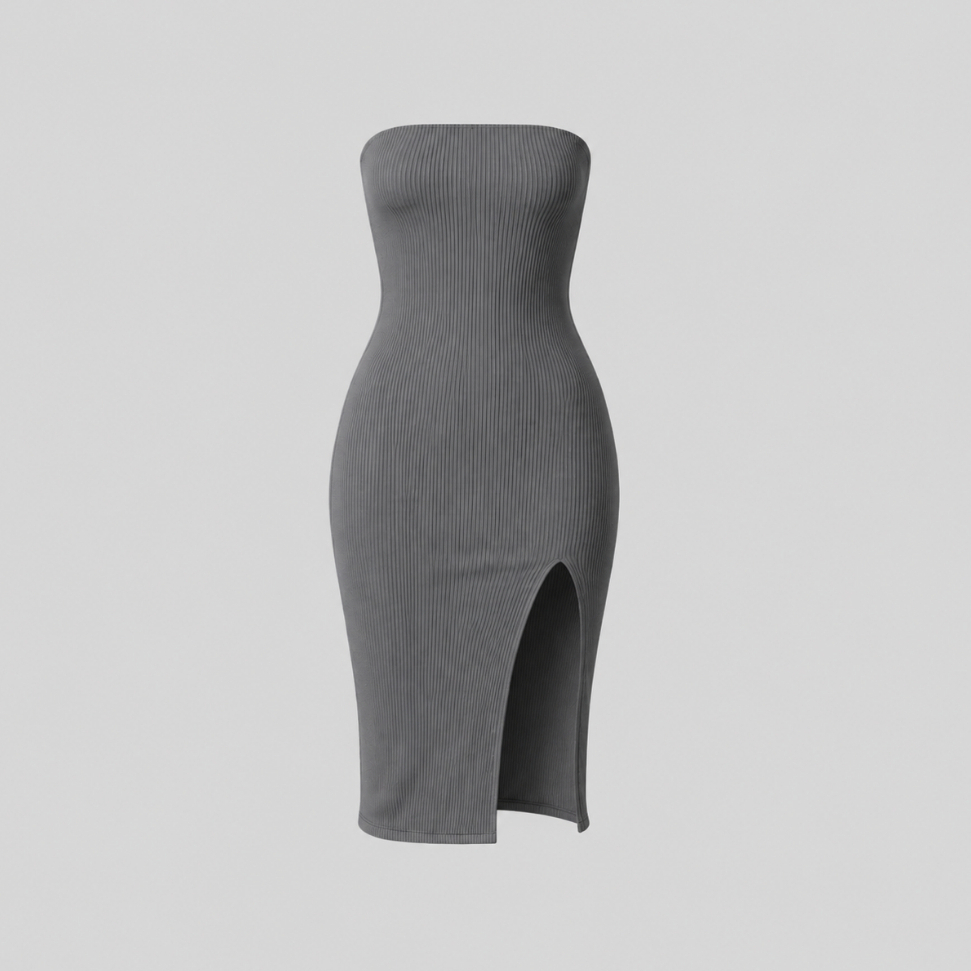 Vestido Midi Tomara que Caia com Fenda – Canelado Premium, Ajustado ao Corpo, Elegante e Confortável