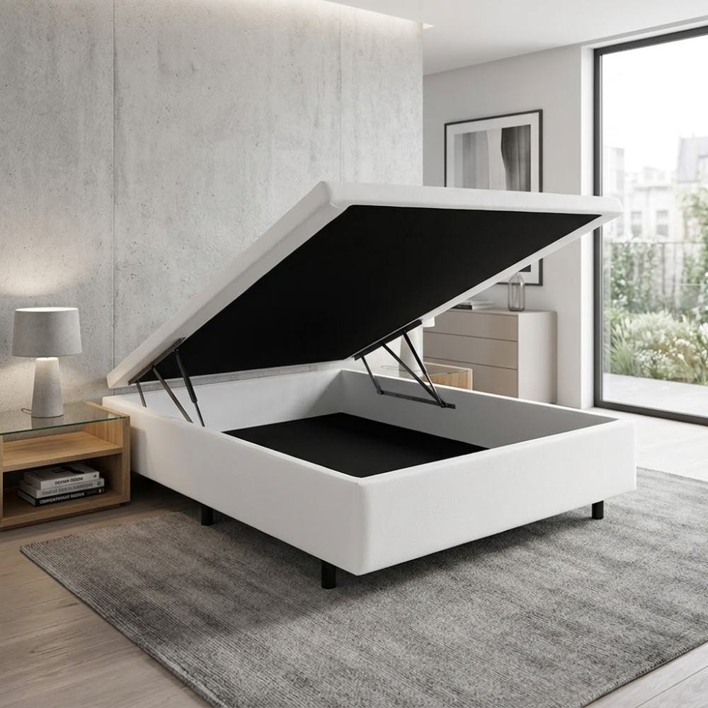 Base Box Casal com Baú 138x188x42cm Courino Linho Branco
