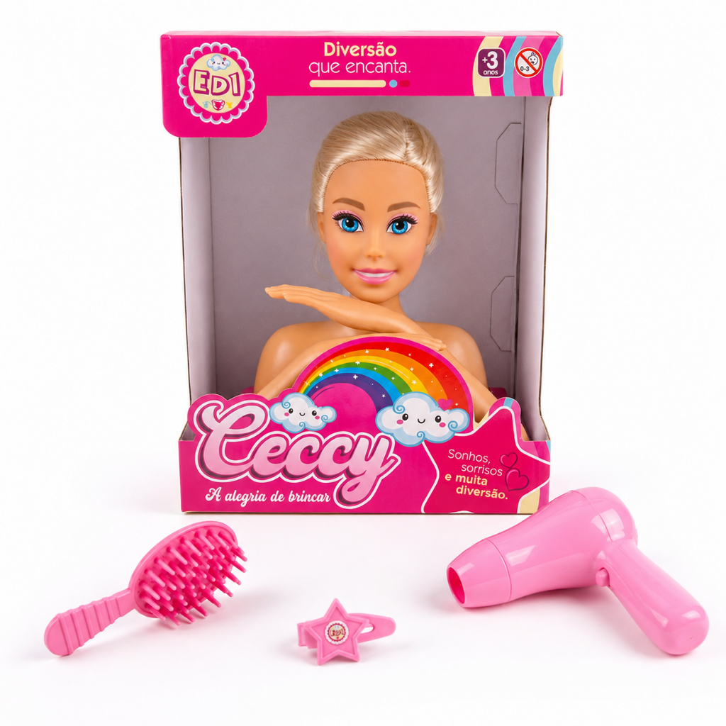 Boneca busto Fala Frases Ceccy acessórios pentear secador escova Infantil Menina Criança articulada