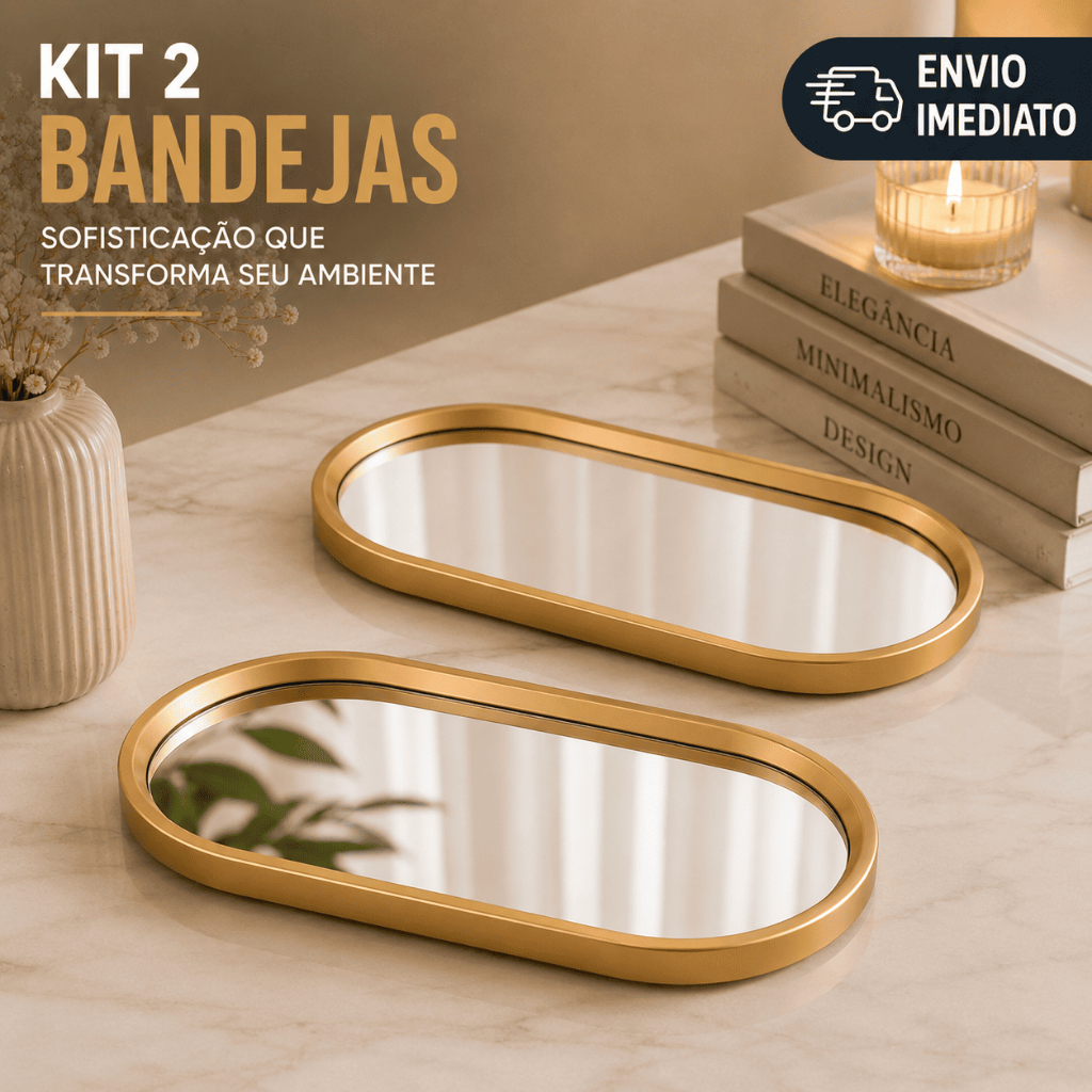 Kit 2 Bandejas Decorativas Douradas Espelhadas para Banheiro Lavabo Penteadeira Porta Joias Perfumes