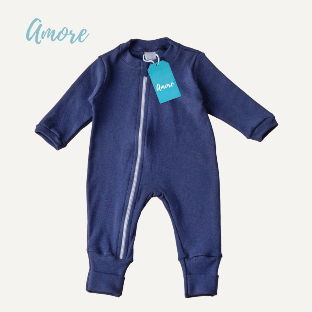 Macacão de Bebê Amore Vira Pé Azul Marinho Com Zíper 100% Algodão