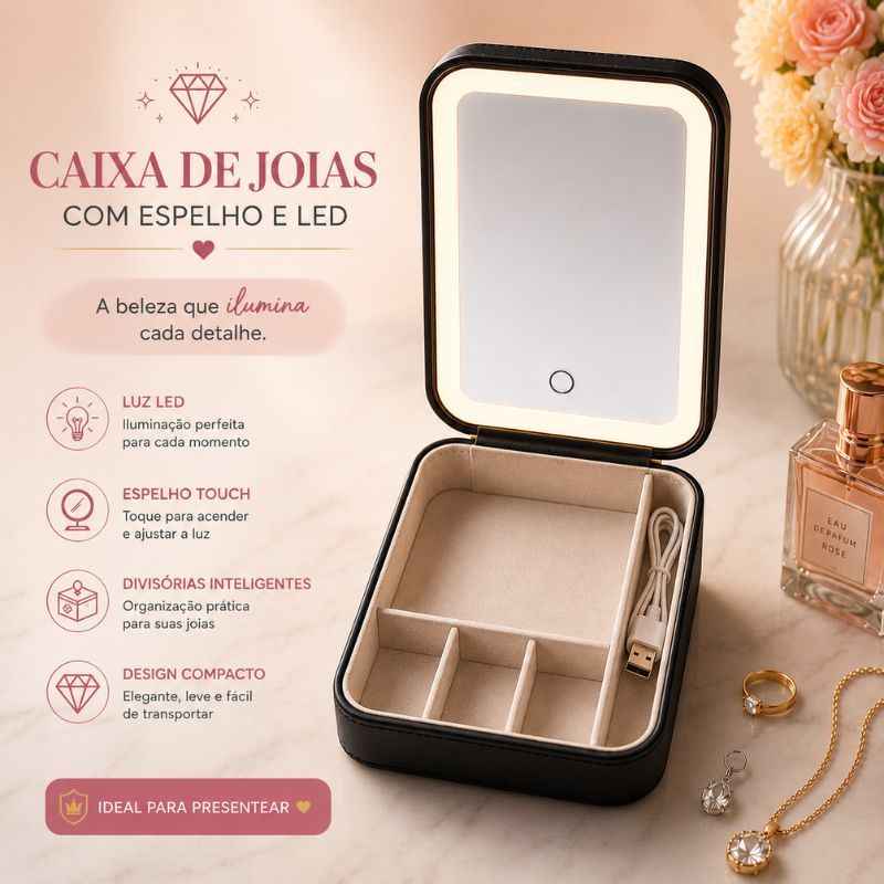 Porta Joias com Espelho LED Recarregável USB Organizador de Joias 4 Divisórias Luxo Rosa Preto