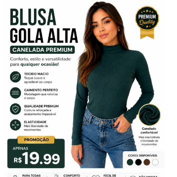 Blusa Cacharrel Feminina Gola Alta Canelada Manga Longa Inverno Segunda Pele Promoção