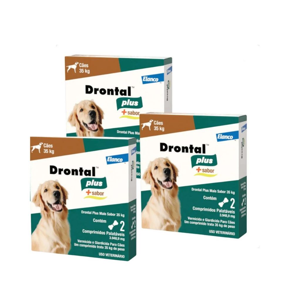 3 Vermífugo Drontal Plus Sabor Carne Cães 35Kg 2 Comprimidos - Elanco