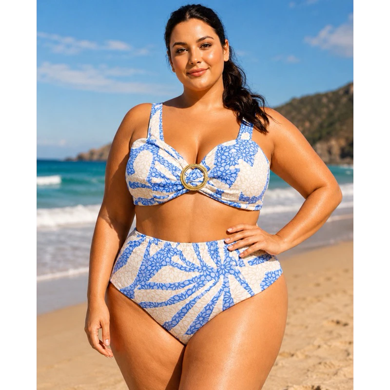 Biquini feminino estampado cintura alta fivela dourada elegante reforçado forrado bojo hot pant — imagem 1