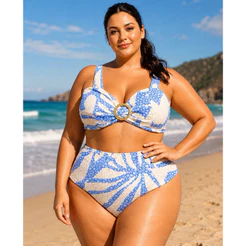Biquini feminino estampado cintura alta fivela dourada elegante reforçado forrado bojo hot pant