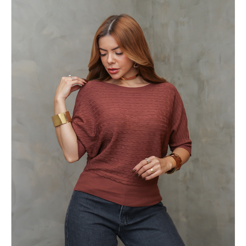 Blusa Feminina Tricot Trançado Manga Morcego Curta Elegante Confortável SD1755