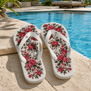 Chinelo Feminino Estampado Floral Vermelho Super Leve Macio e Confortável para o Verão