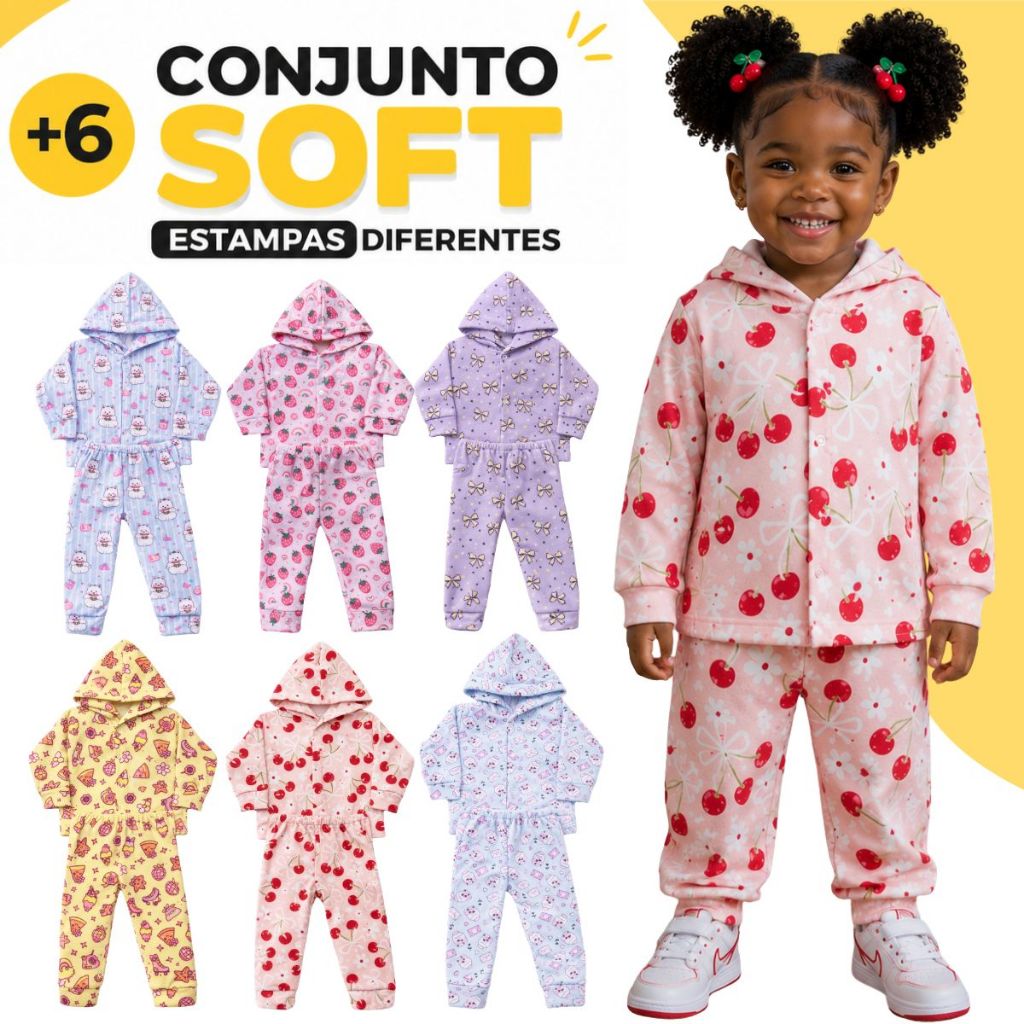 KIt 2 Conjuntos Soft Estampado Menina Infantil Bebê Frio Tecido Peluciado (2 Conjuntos) Inverno Quentinho Estampas