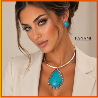 Conjunto brinco e colar aro choker azul turquesa feminino