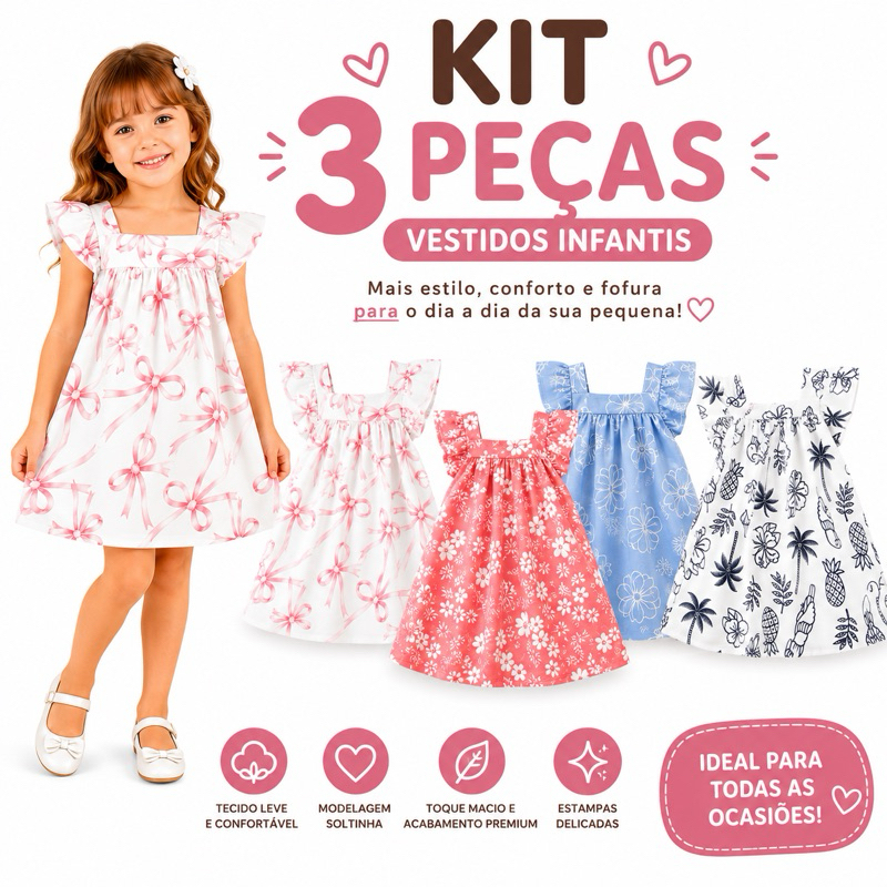 Kit 3 Vestidos Infantil Menina Manga Estampado Verão  Roupa Infantil Menina Confortável Sortida Confortável 1 A 6 Anos