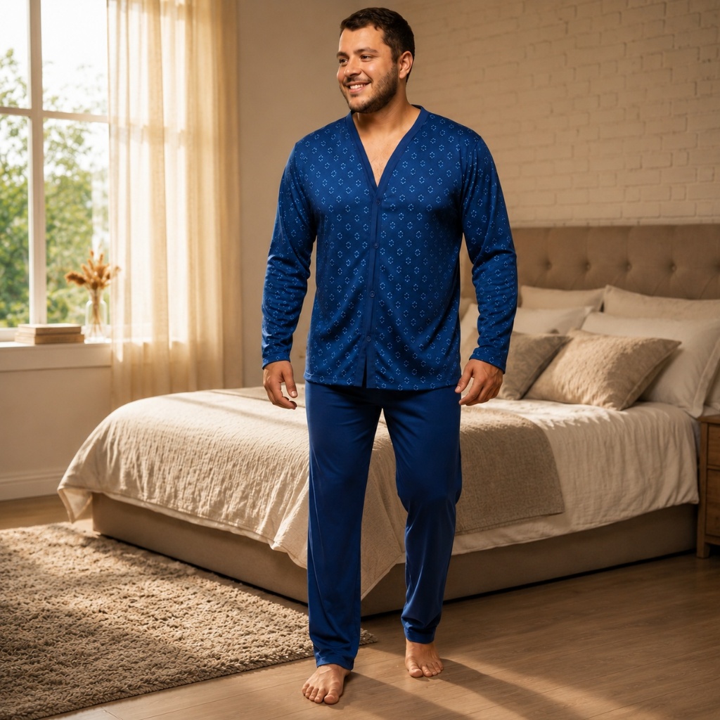 Pijama Masculino de Inverno Manga Comprida com Botões Calça Conjunto de Frio Comprido Abertura