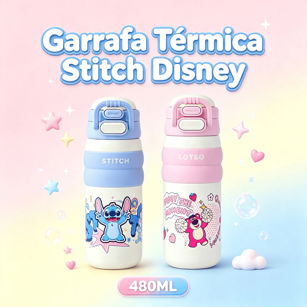Garrafa de Água Térmica Squeeze 480ml Stitch Resistente Disney