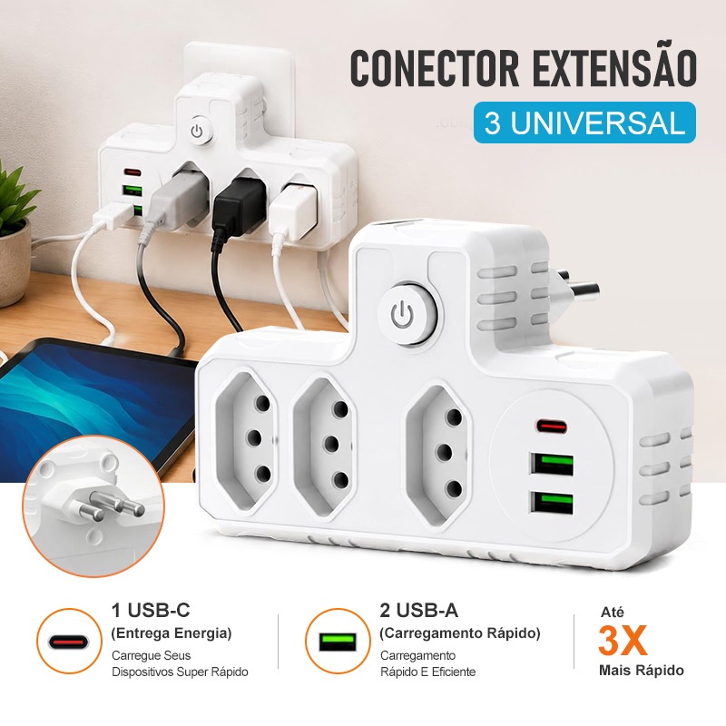Conector De Extensão Portátil 3 Universal Plug Carregador Rápido Tomadas Extensão 2 USB + 1 Type-C