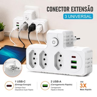 Conector De Extensão Portátil 3 Universal Plug Carregador Rápido Tomadas Extensão 2 USB + 1 Type-C