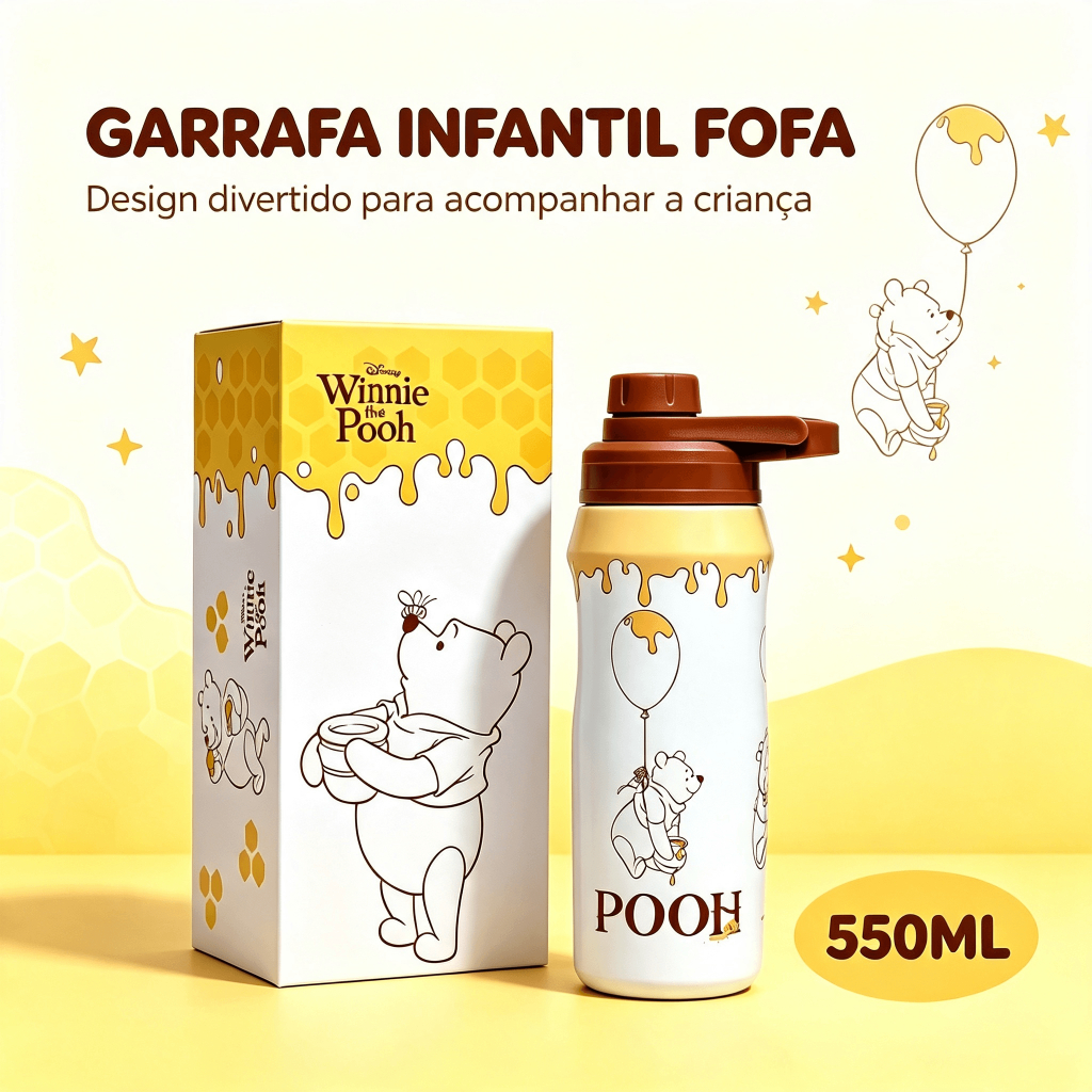 Garrafa Ursinho Pooh 550Ml Térmica Resistente Escolar Disney Infantil Aço Inox