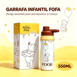 Garrafa Ursinho Pooh 550Ml Térmica Resistente Escolar Disney Infantil Aço Inox