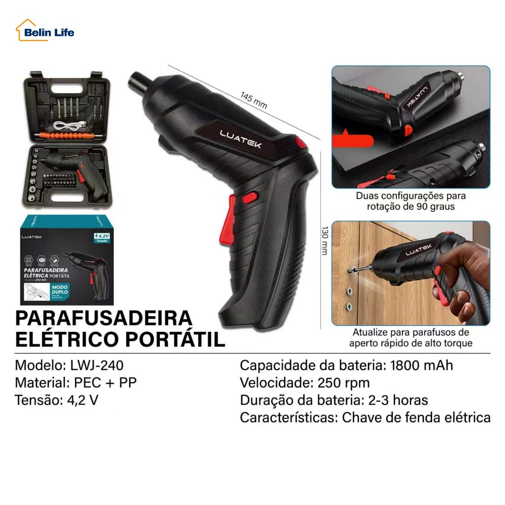 Kit Parafusadeira Sem Fio Recarregavel USB Articulada 90 Com Maleta Acessórios Luatek