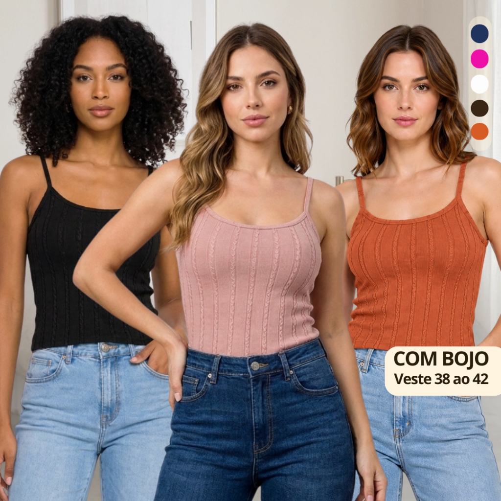 Blusinha Alça Fina com Bojo Texturizada Anarruga Várias Cores Veste 38 ao 44