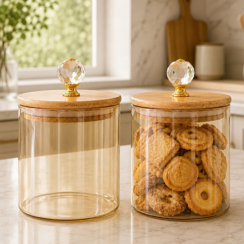 Pote de Vidro 550ml com Tampa de Bambu Hermético e cristal cantinho do café pote de bolacha biscoito — imagem 2 de 2