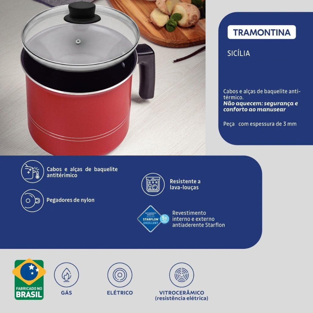 Fervedor 1,9L Tramontina Sicilia Vermelho 14cm Leiteira Canecão Com Tampa de Vidro — imagem 2 de 2