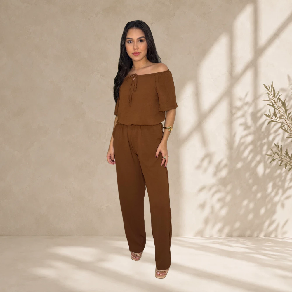 Macacão Feminino Longo Elegante Com Manga Ombro a Ombro