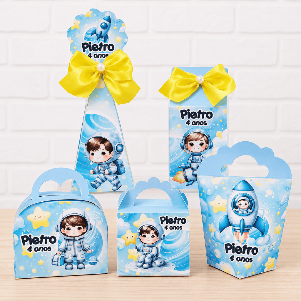 Kit Festa Astronauta Personalizado | Caixinhas para Lembrancinhas | Decoração Aniversário Infantil Menino
