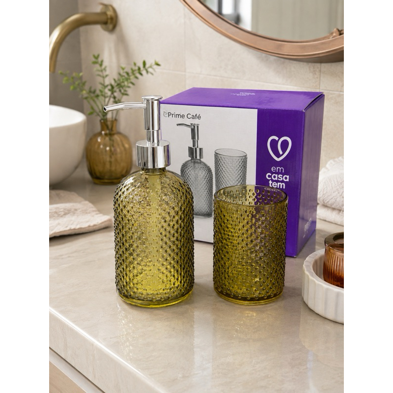 Kit Banheiro 2 Peças Vidro Cinza | Porta Sabonete Líquido + Porta Escova de Dentes Jogo para Banheiro Elegante Moderno
