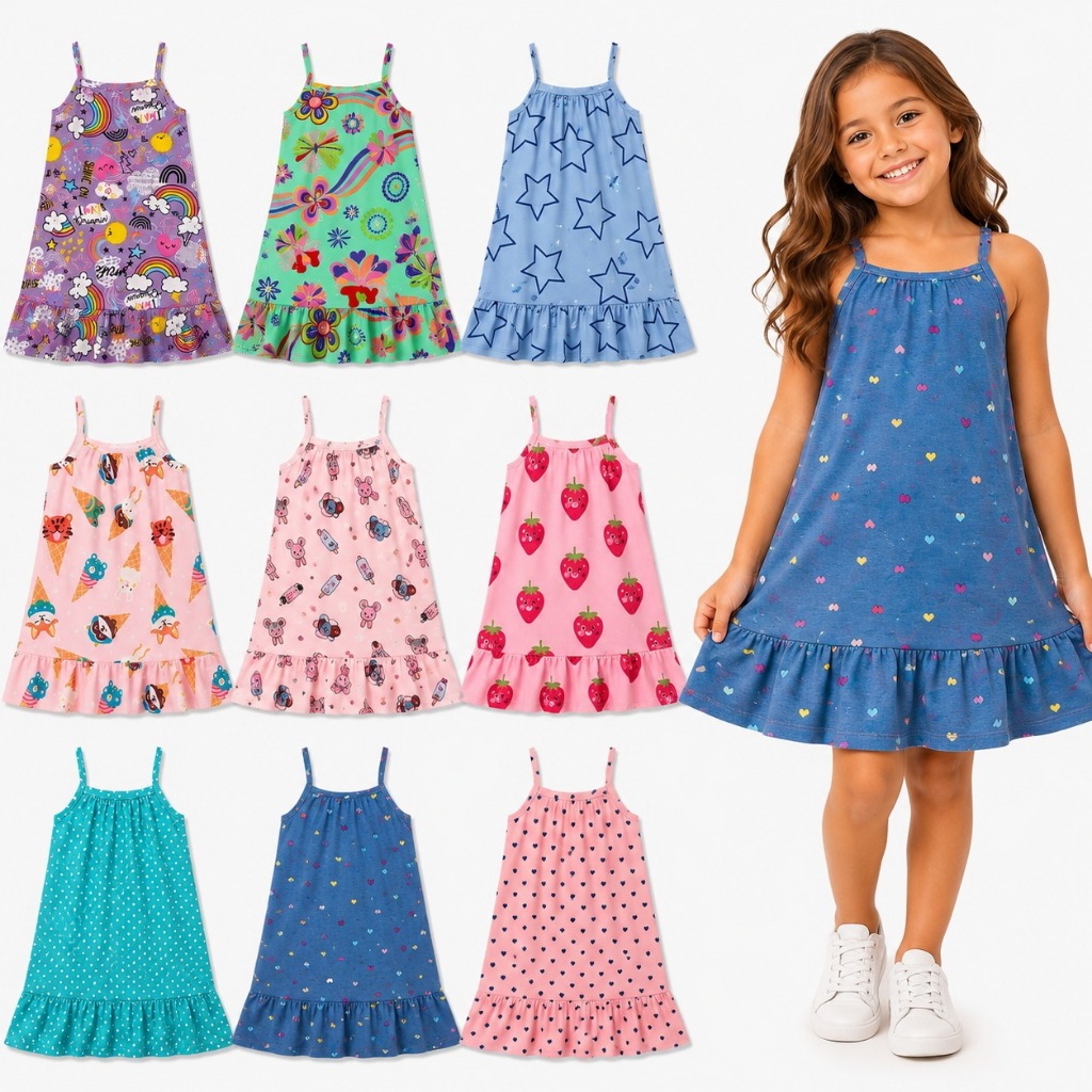 Kit 2 Vestidos Infantil Menina Feminino Alcinha Estampado Verão Fresquinho Roupa Menina 1 ao 8