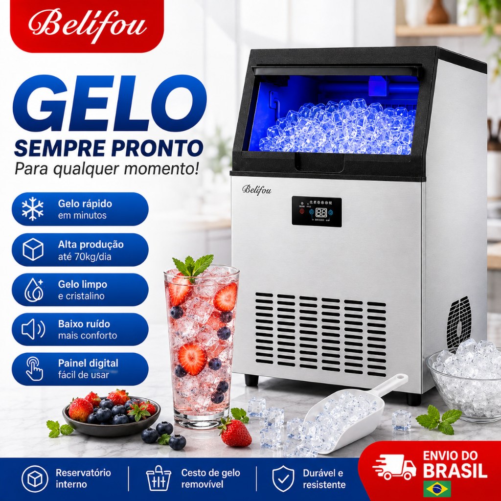 Imagem Belifou Máquina de Gelo Comercial Profissional 70kg/24h Inox 220V