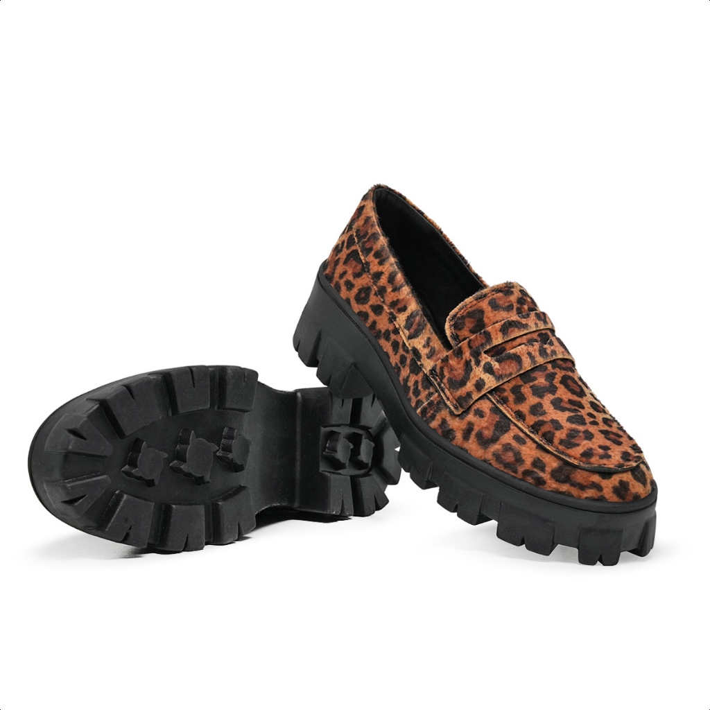 Sapato Mocassim FemininoTratorado Estampa Onça Impressão  Felina - Moderno Arrojado Confortável e Antiderrapante