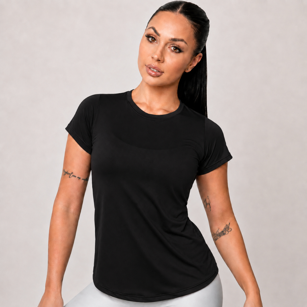 Camiseta feminina de ginástica Dry Fit para treino, caminhada e musculação.