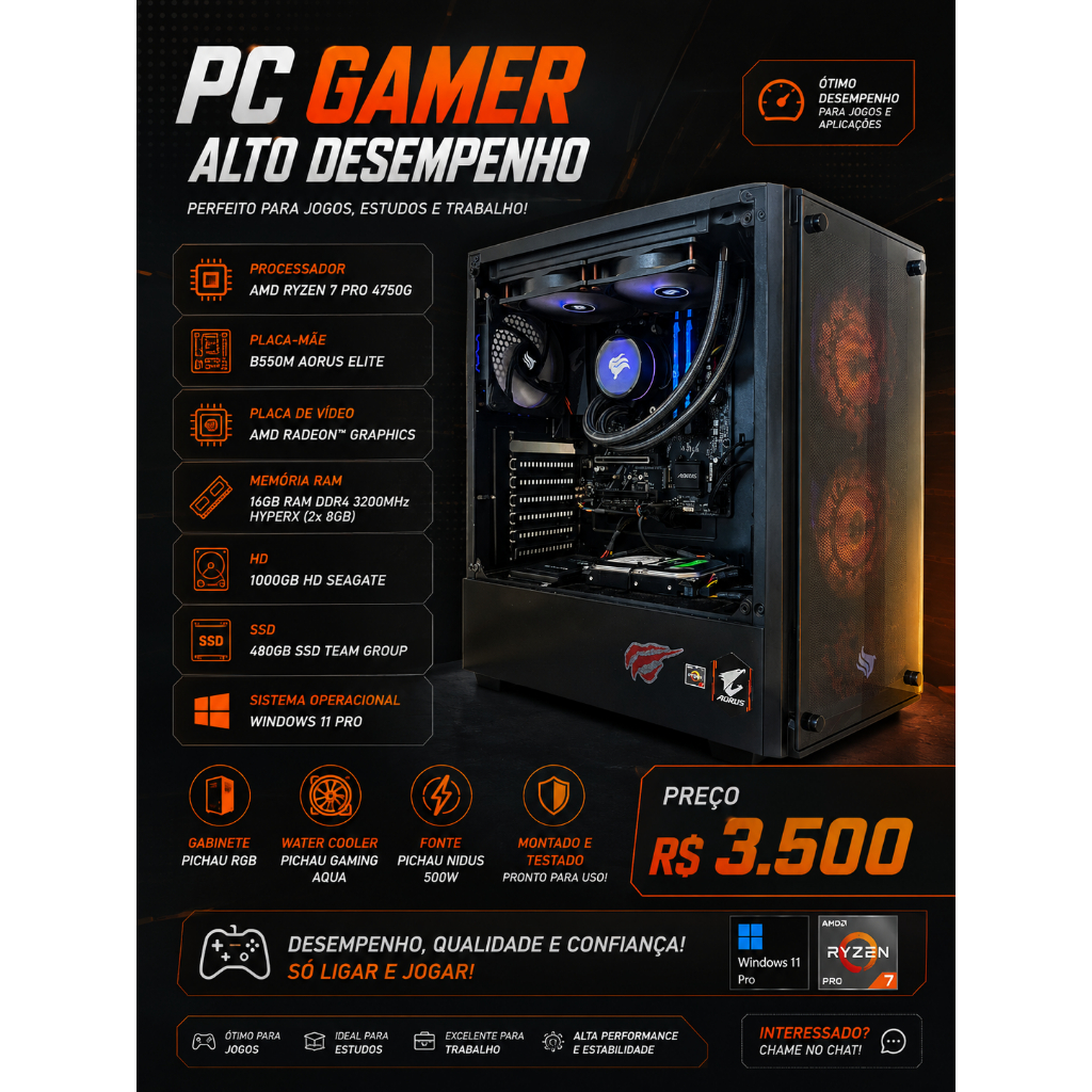 Computador de Mesa Pc Gamer AMD Ryzen 7 16gb Ddr4 3200MHz 480gb Ssd 1tb Hd Com W