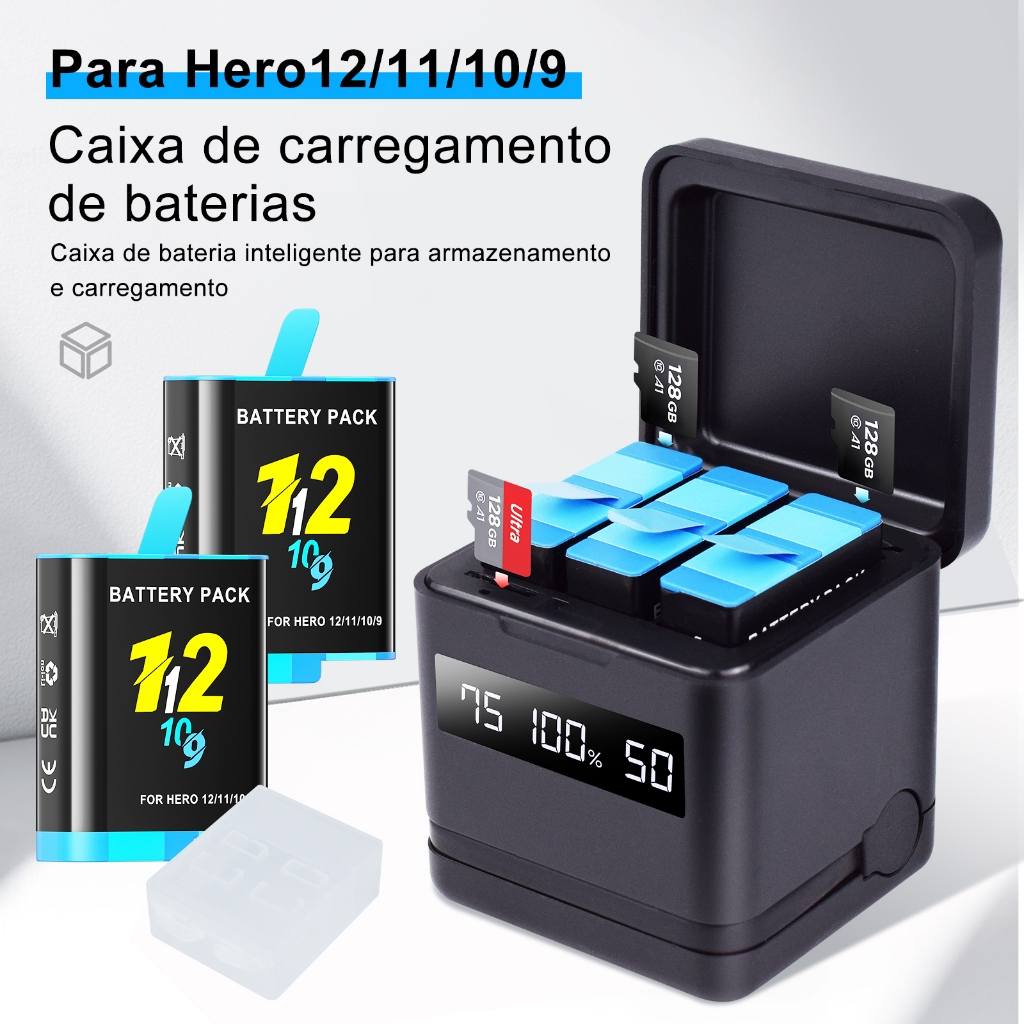 Carregador De Câmera Gopro 2 Baterias Para Gopro Hero 9/10/11/12 Black