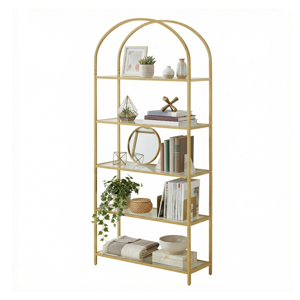 SONGMICS Estante de vidro temperado com 5 níveis, estrutura de aço e design arqueado, ideal para sala ou banheiro