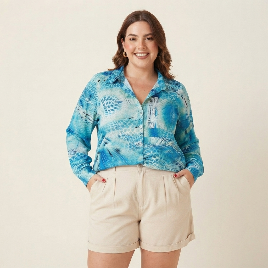 Blusa Feminina Estampada Azul Manga Longa Soltinha Elegante Confortável Moda Casual Chic