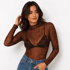 Cacharrel Manga Longa De Tule Transparente Com Brilho Estampado Gola Alta