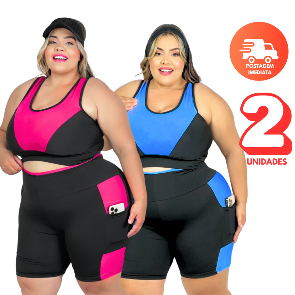 Kit 2 Conjuntos Fitness Plus Size | Top + Short com Bolso | Curves Roupa de Academia feminino