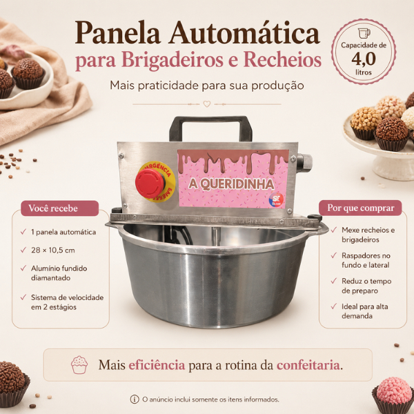 Panela para Mexer Brigadeiro Caparroz Recheios 4L Bivolt com Raspadores 2 Velocidades Uso Confeitaria Profissional