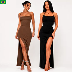 KIT 2 Vestido LONGO elegante com costas nuas trançadas Fenda Lateral Empina Bumbum Colado Novo