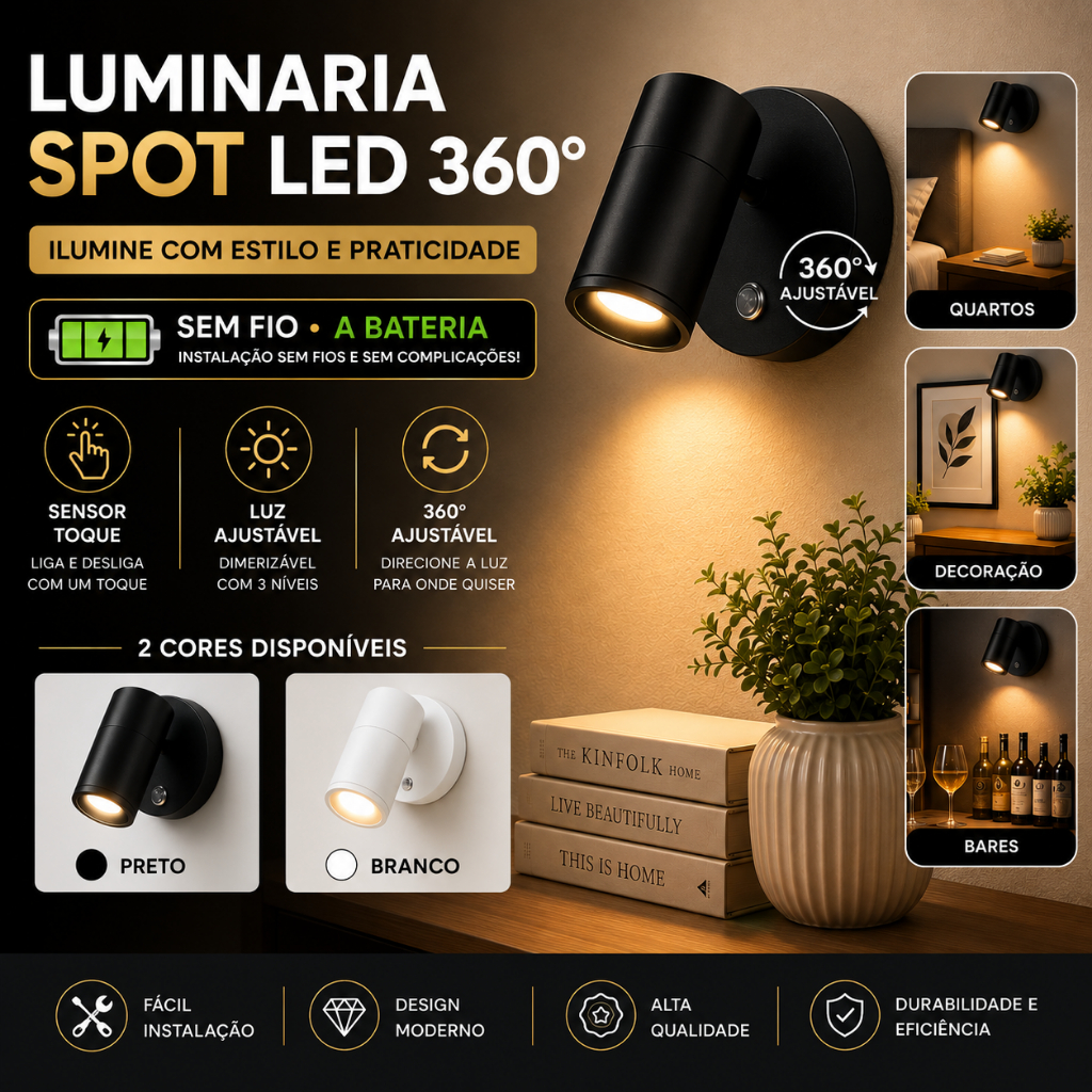 Luminária de parede magnética recarregável a bateria três tons de iluminação dimerizavel Preto