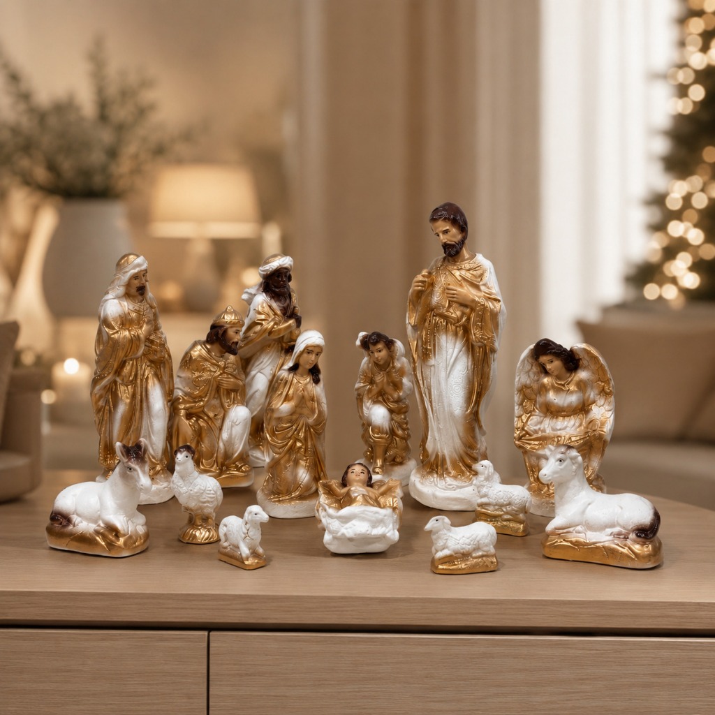 Presépio de Natal Completo Gesso Resinado 20 cm Enfeite Decoração Natalina 14 Peças