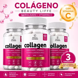 Kit 3 Colágeno Hidrolisado + Vitamina C e Acido Hialurônico - Collagen BeautyLiffe 60 cps 500mg