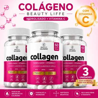 Kit 3 Colágeno Hidrolisado + Vitamina C e Acido Hialurônico - Collagen BeautyLiffe 60 cps 500mg