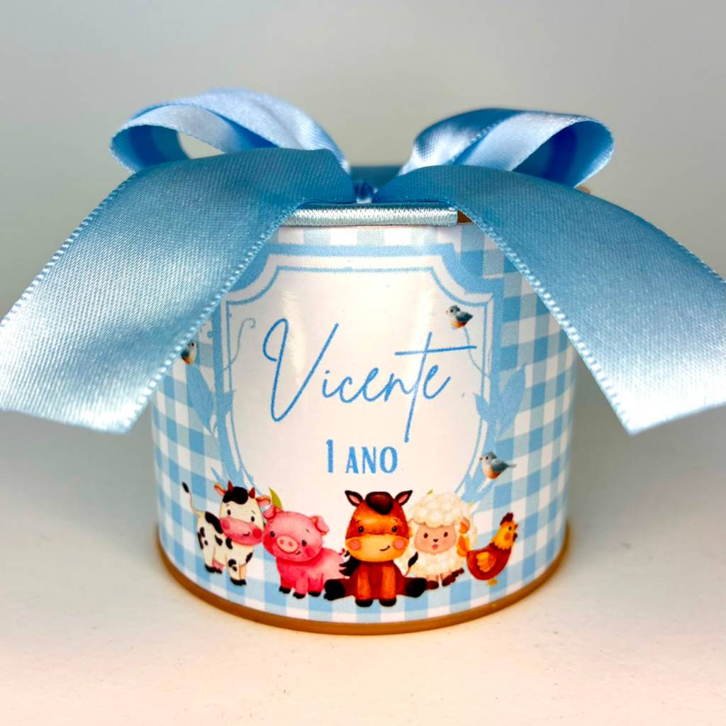 Kit Tubolatas personalizadas 5×6 - Lembrancinha Fazendinha Azul Xadrez maternidade / chá de bebê / Aniversário