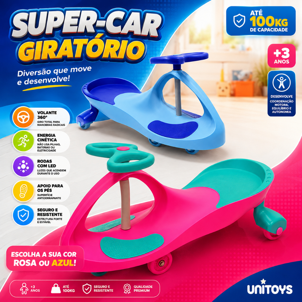Carrinho Infantil Super-Car Giratório -Rosa Ou Azul