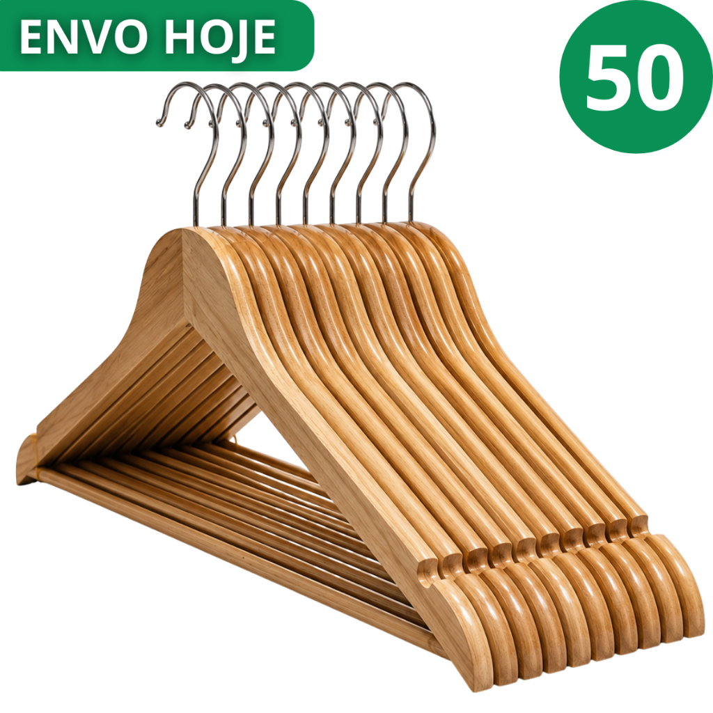 KIT Cabide de Madeira Até 50 Marfim Reforçado Roupa Antiderrapante Gancho Metal Camisa Calça Vestido