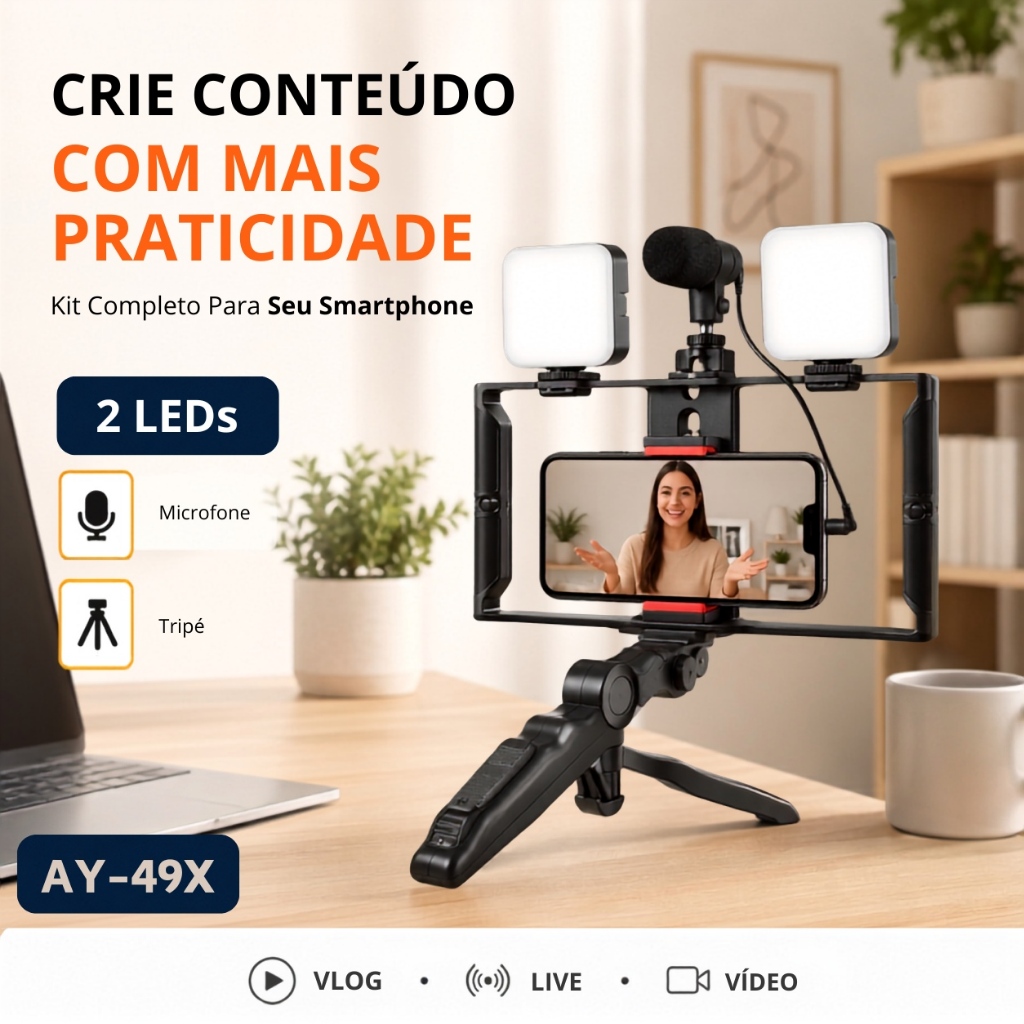 Kit Vlog Completo AY-49X Para Celular Com Microfone 2 Luzes LED Tripé Suporte Smartphone Live Vídeo
