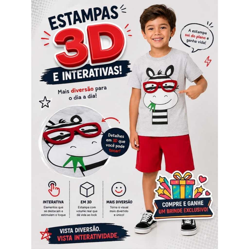 Conjunto Infantil 100% Algodão Masculino Menino Estampa Interativa 3D Camiseta e Shorts Verão