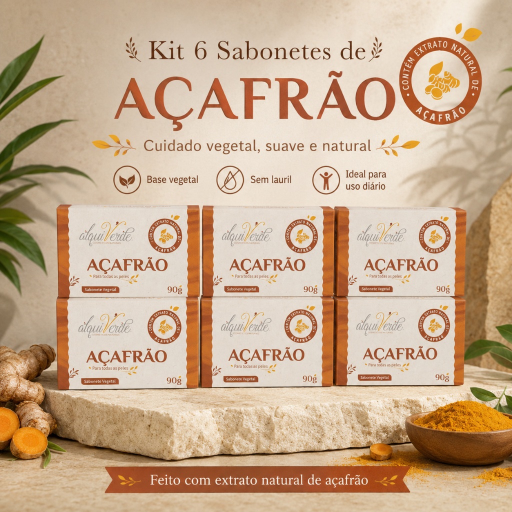 KIT 6 Sabonete De Açafrão Curcuma Foliculite Clareador Manchas Vegano Natural Alquiverde